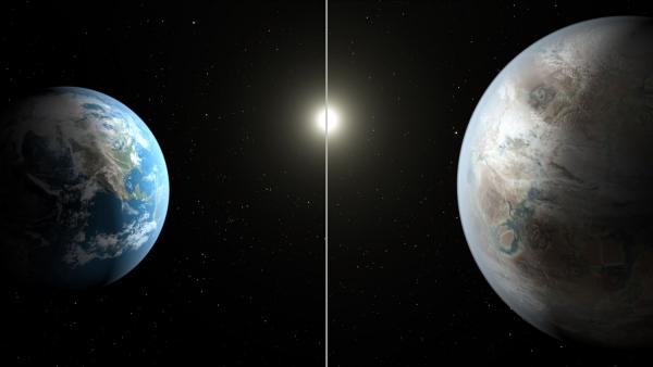 A sinistra la Terra e il Sole, a destra Kepler-452b e la stella Kepler-452